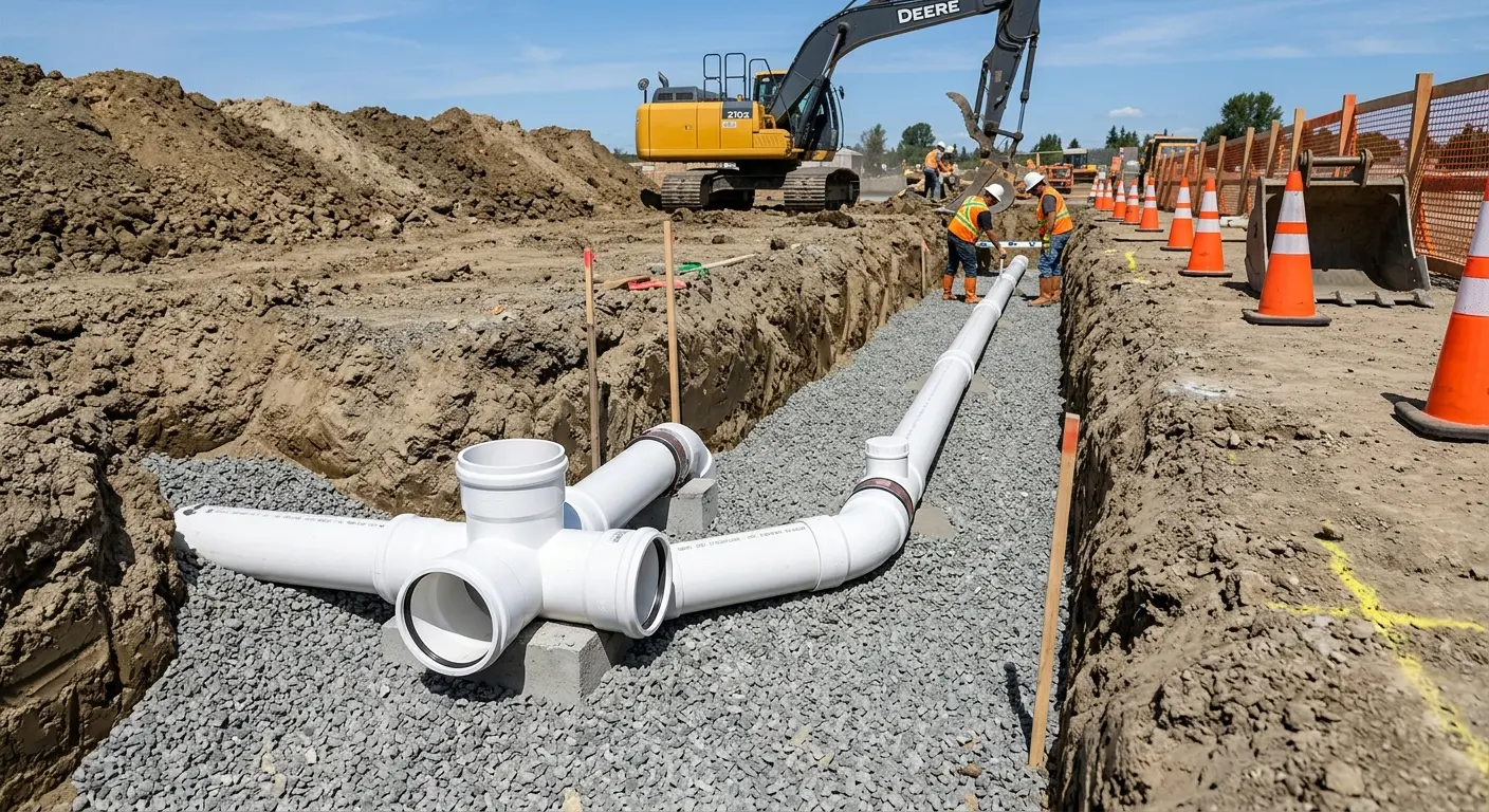 New PVC sewer pipe installation in open trench for Sewer Backup in Grimes