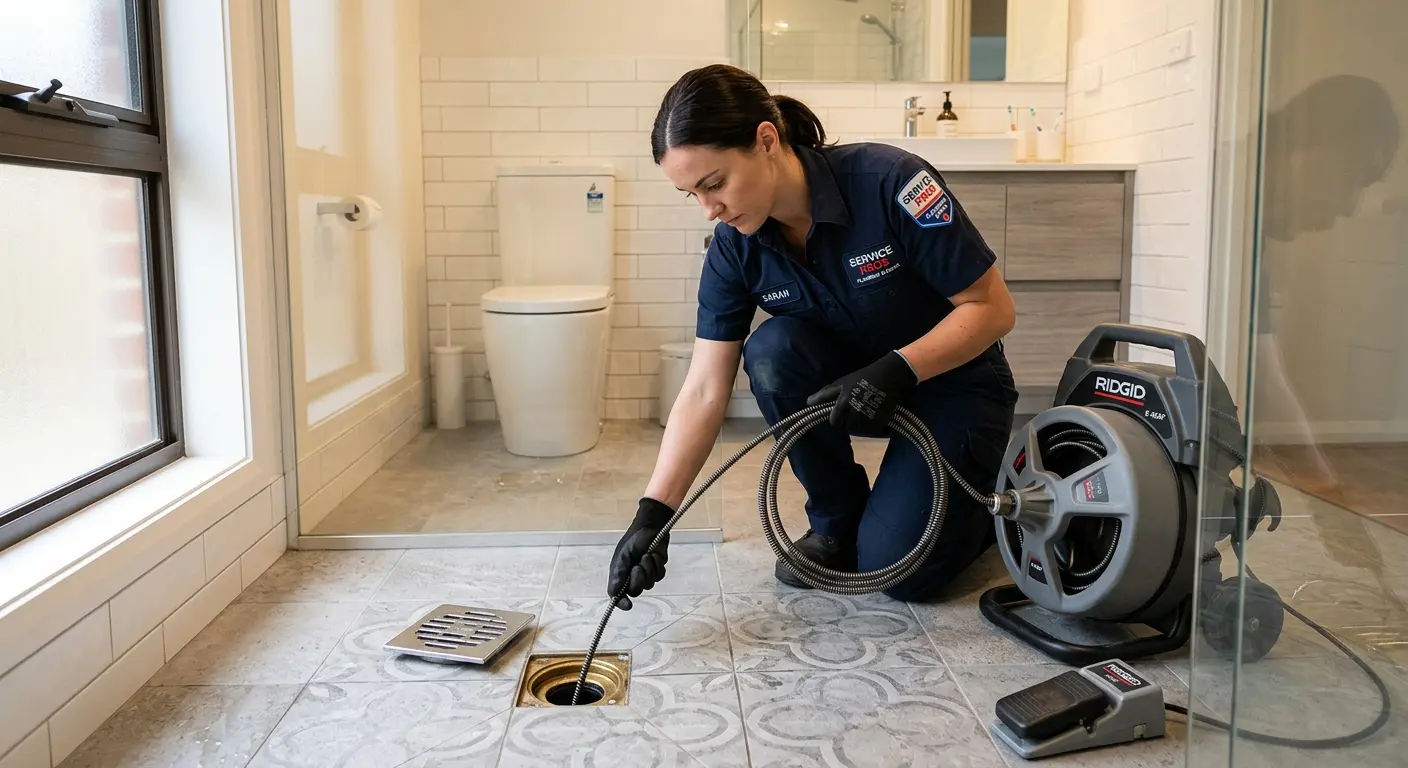 Technician clearing a bathroom floor drain for Drain Repair in Grimes